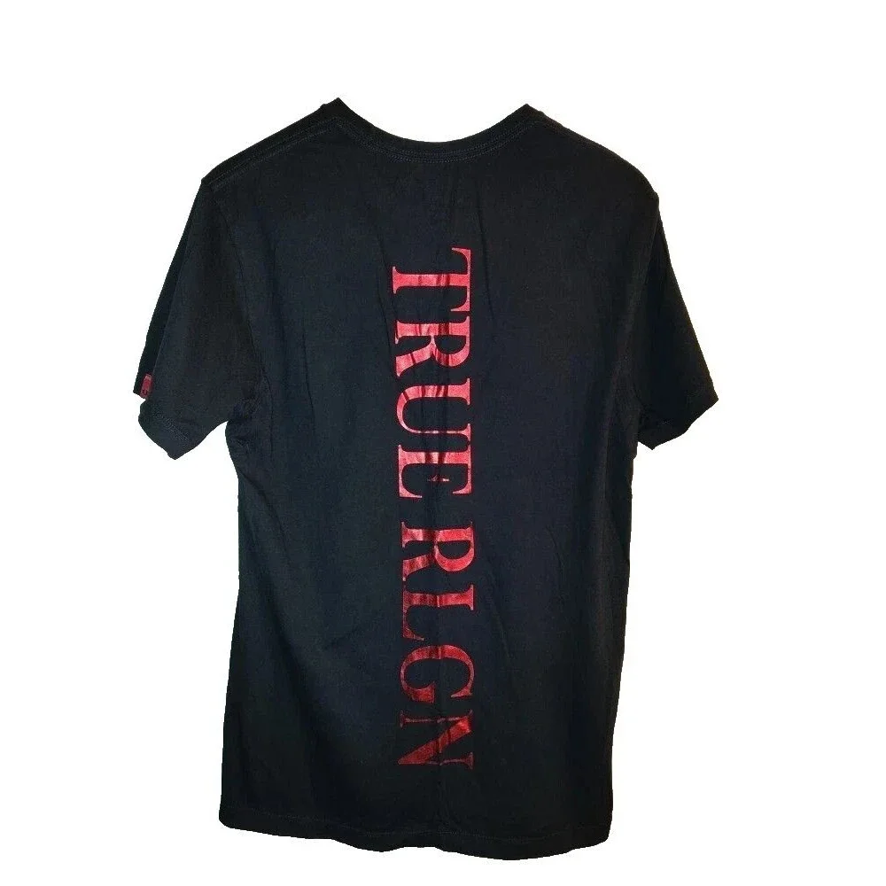 Men's True Religion BACK Red Metallic Logo Print Black T-Shirt Size S